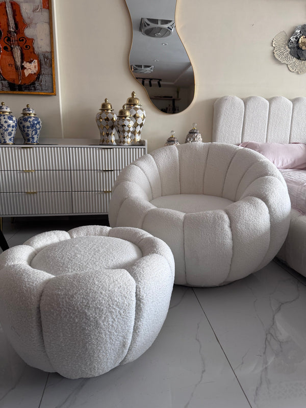 Round Boucle chair and Stool